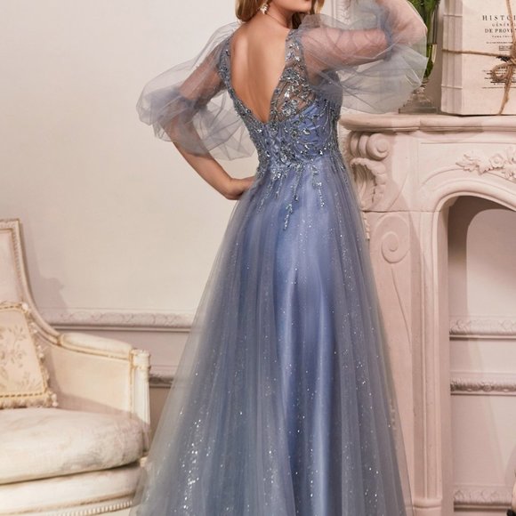 SMOKEY BLUE PROM PARTY PUFFY SLEEVES A-LINE GLITTER TULLE A-LINE DRESS CD0182 - Picture 3 of 6